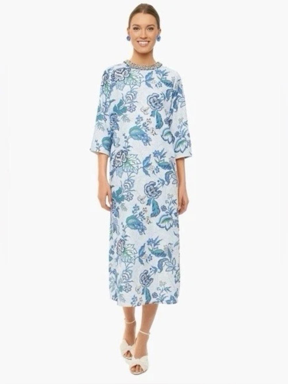 Tuckernuck White Midi Dress with Blue Floral Print